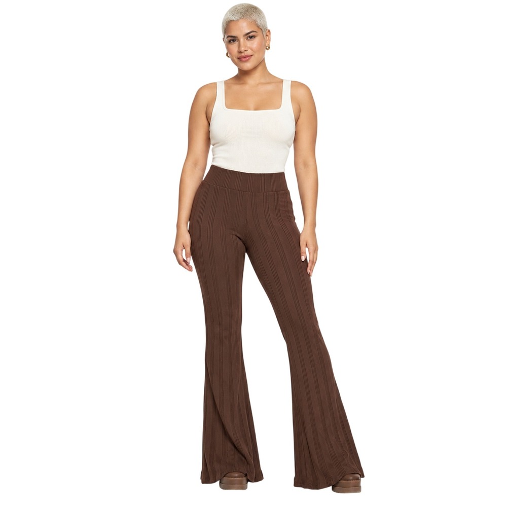 Zara Ribbed High Waisted Flared Leggings Brown SMALL